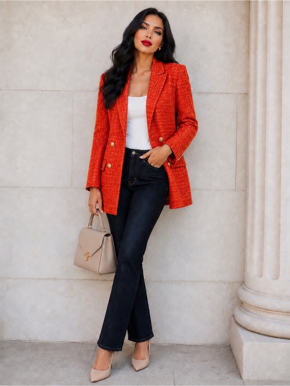 Zara Orange Tweed Double-Breasted Blazer Like New